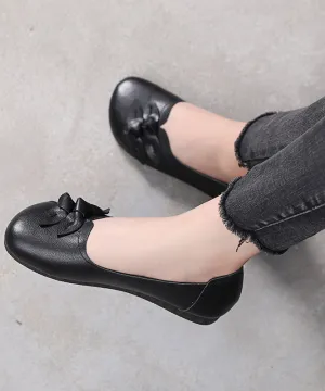 Black Bow Flat Shoes For Women Handmade Cowhide Leather Flat Shoes LC0514