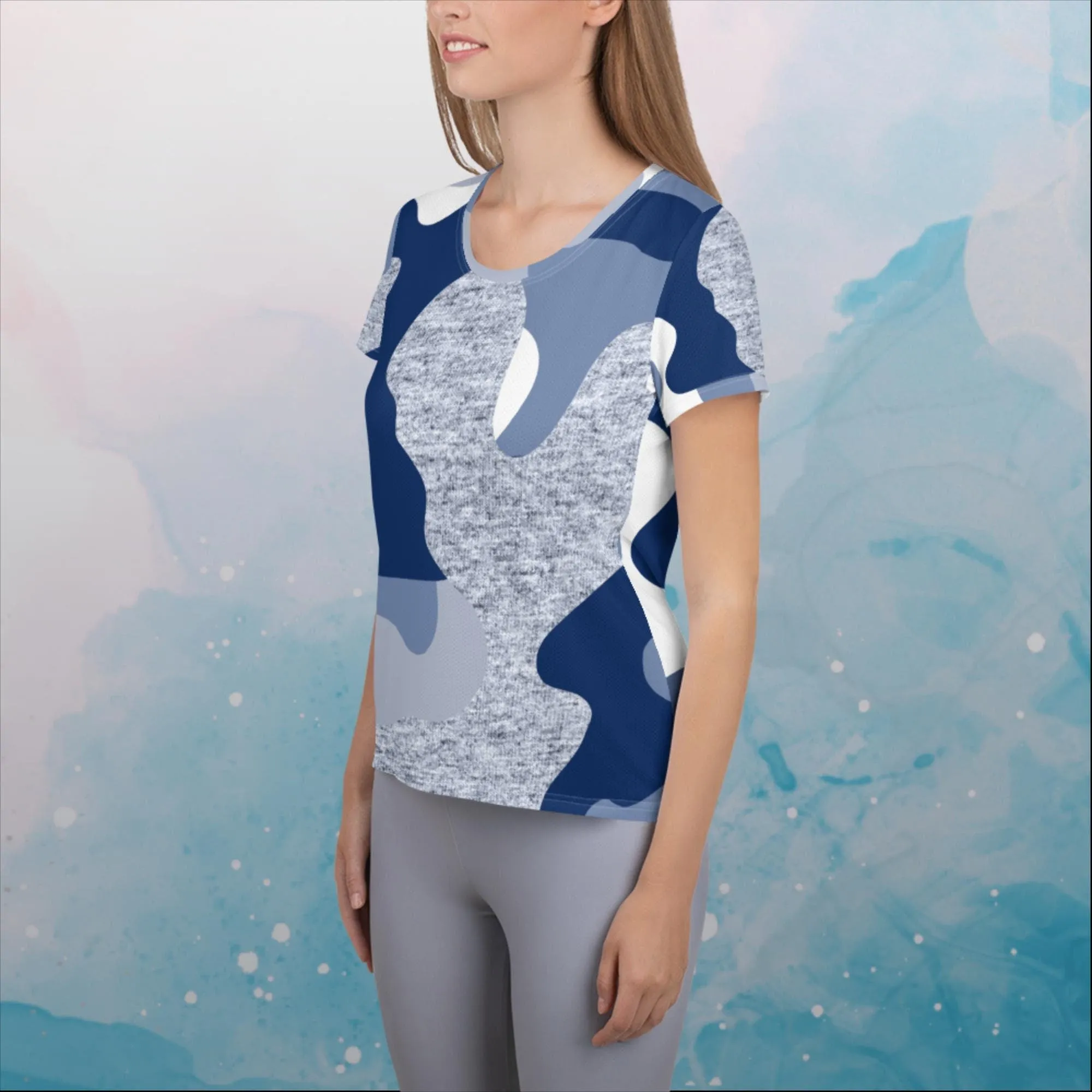 Giant Blue Camo Print Womens Athletic Tee Shirt
