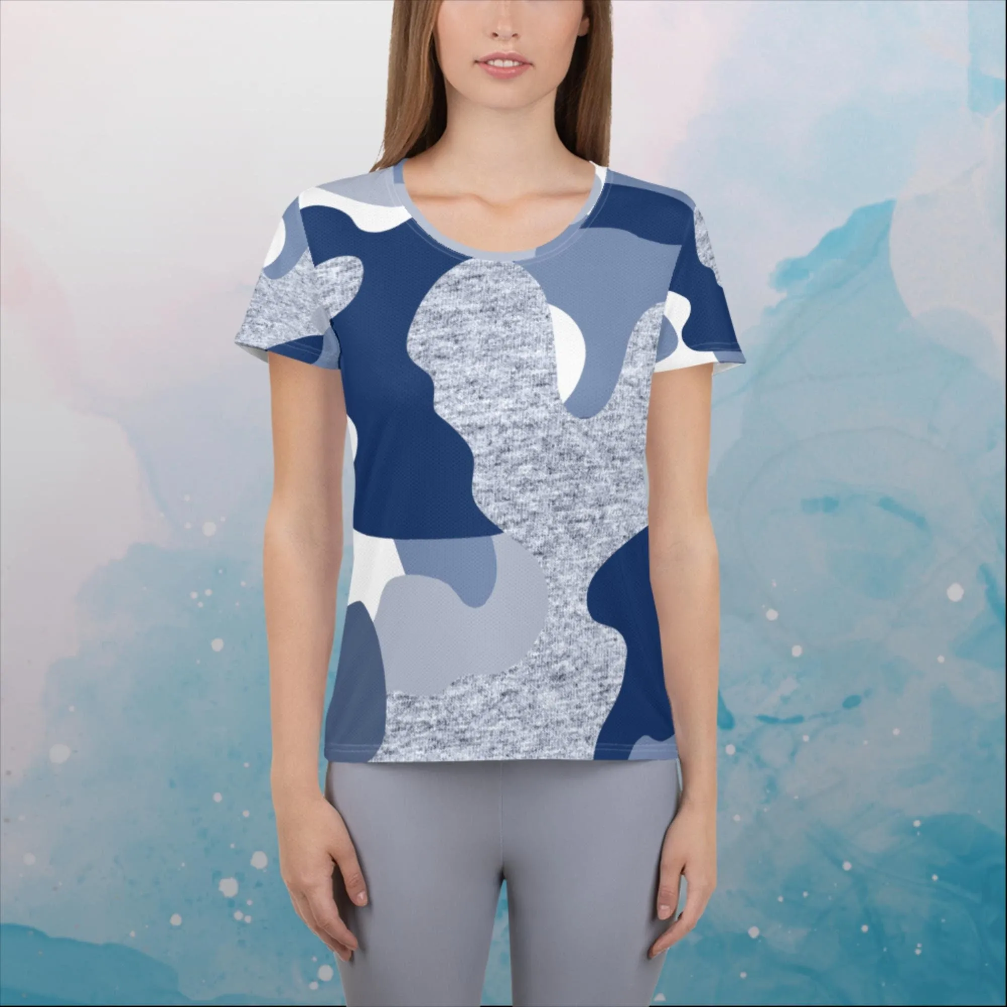 Giant Blue Camo Print Womens Athletic Tee Shirt