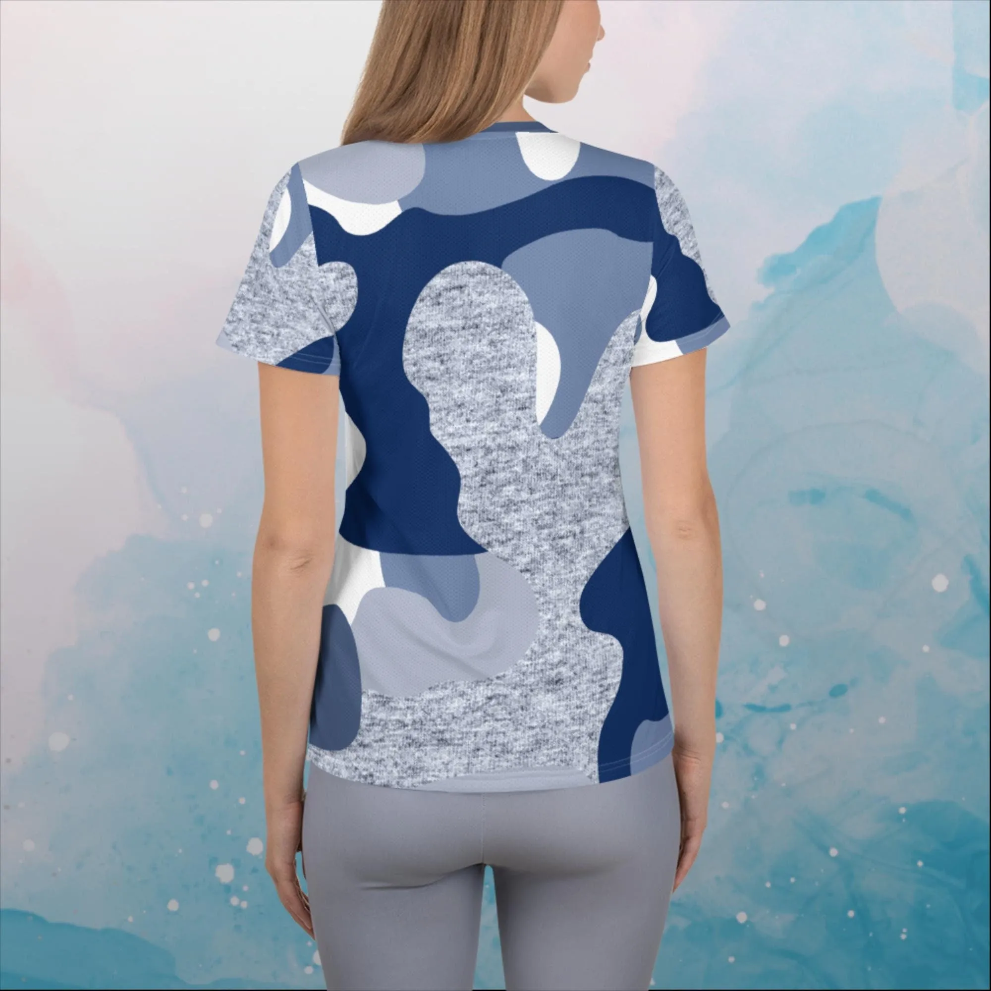 Giant Blue Camo Print Womens Athletic Tee Shirt