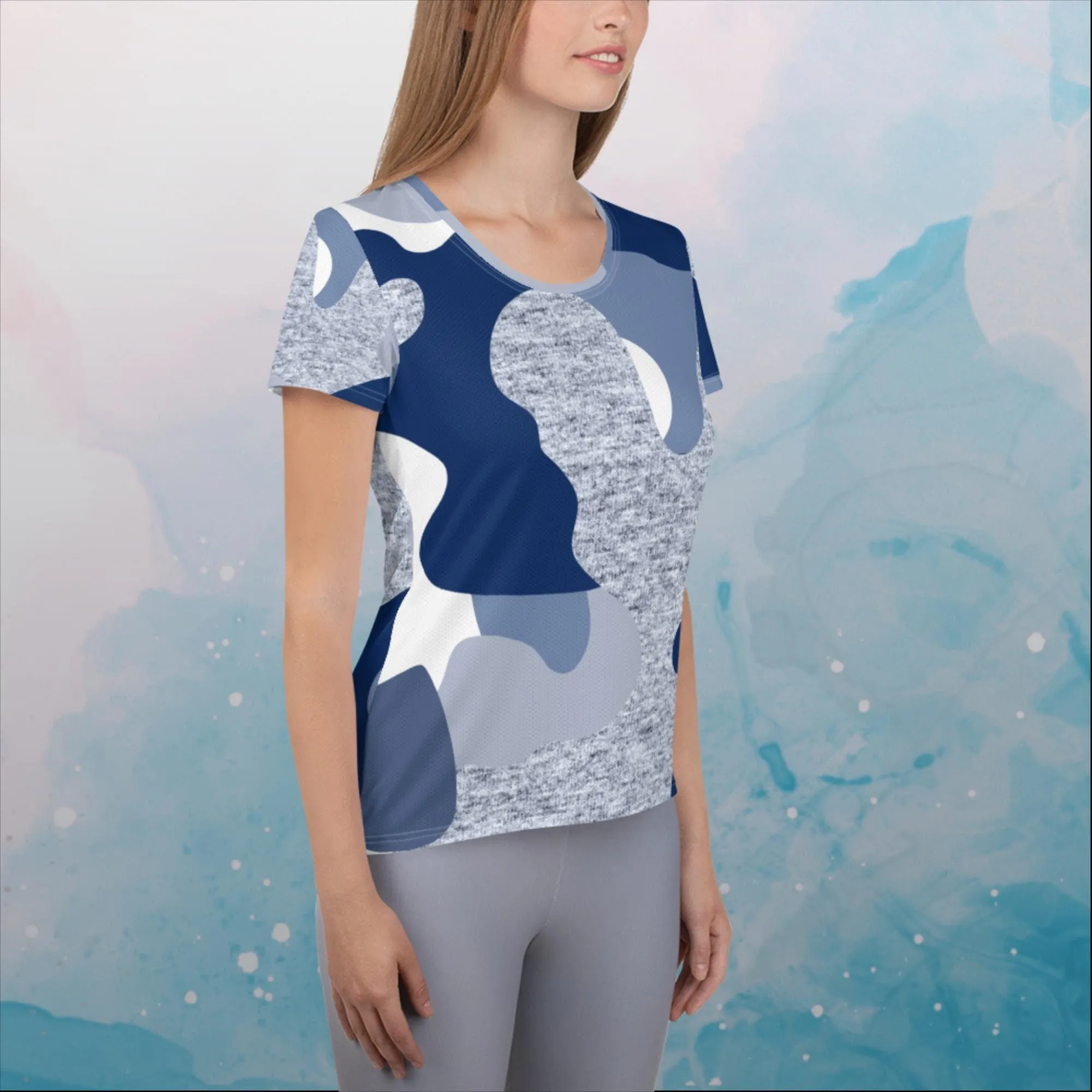 Giant Blue Camo Print Womens Athletic Tee Shirt